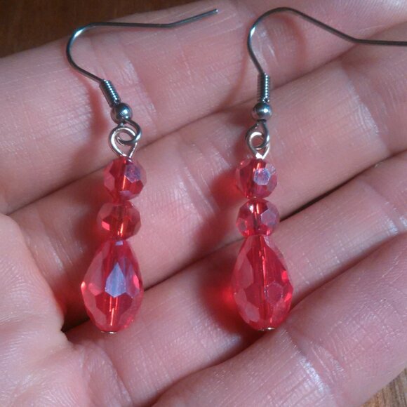 Beveled Red Glass Three Stone Silvertone and Stainless Steel Dangle Earrings - Picture 1 of 11